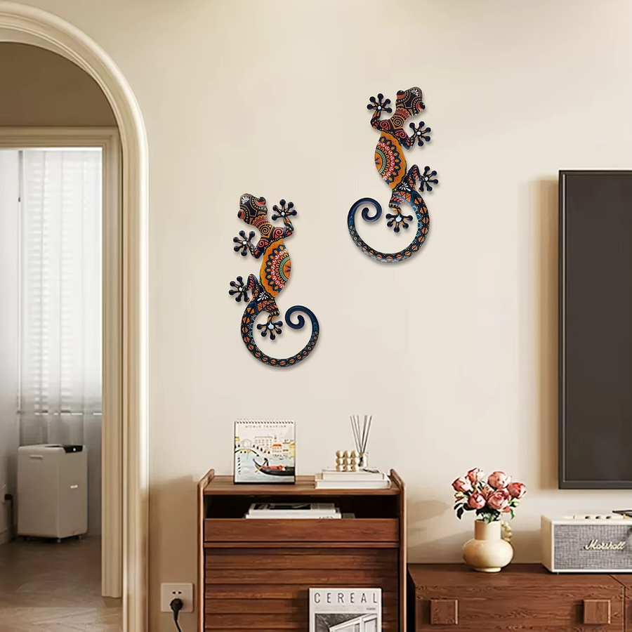 DDPNKL 2-teiliges Metall-Wandkunst-Set mit Eidechsen- und Gecko-Motiven in Tribal-Mustern zur Wanddekoration für Innen- und Außenbereich - Bild 3