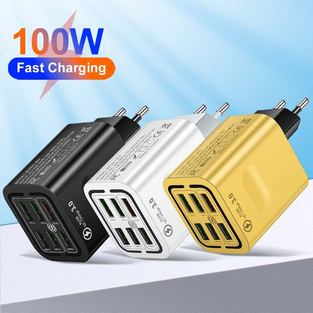 GUSEYEE 100 W USB-Ladegerät mit 6 Ports für Schnellladung von iPhone, Samsung und Xiaomi mit EU, US und UK Steckern - Bild 1