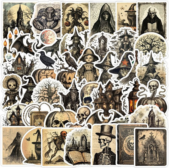 Vintage Doodle Aufkleber im nordischen Horror-Stil für Scrapbook und Notebook, Mehrfarbig - Bild 1