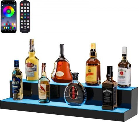 VEVOR LED Spirituosenregal aus Acryl mit 2 Ebenen, beleuchtetes Flaschendisplay für Home Bars mit App- und Fernbedienung, Multicolor, Transparent, Breite: 76,1 cm, Höhe: 20,0 cm, Tiefe: 15,0 cm - Bild 1