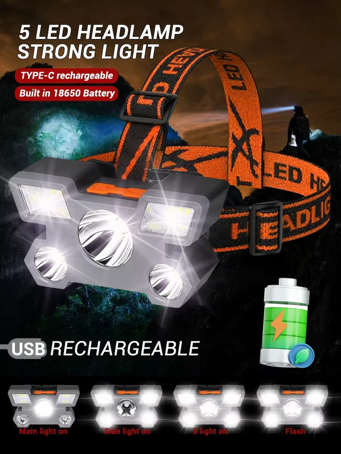 Heinast Wiederaufladbare 5-LED-Stirnlampe in Schwarz für Camping und Angeln - Bild 6