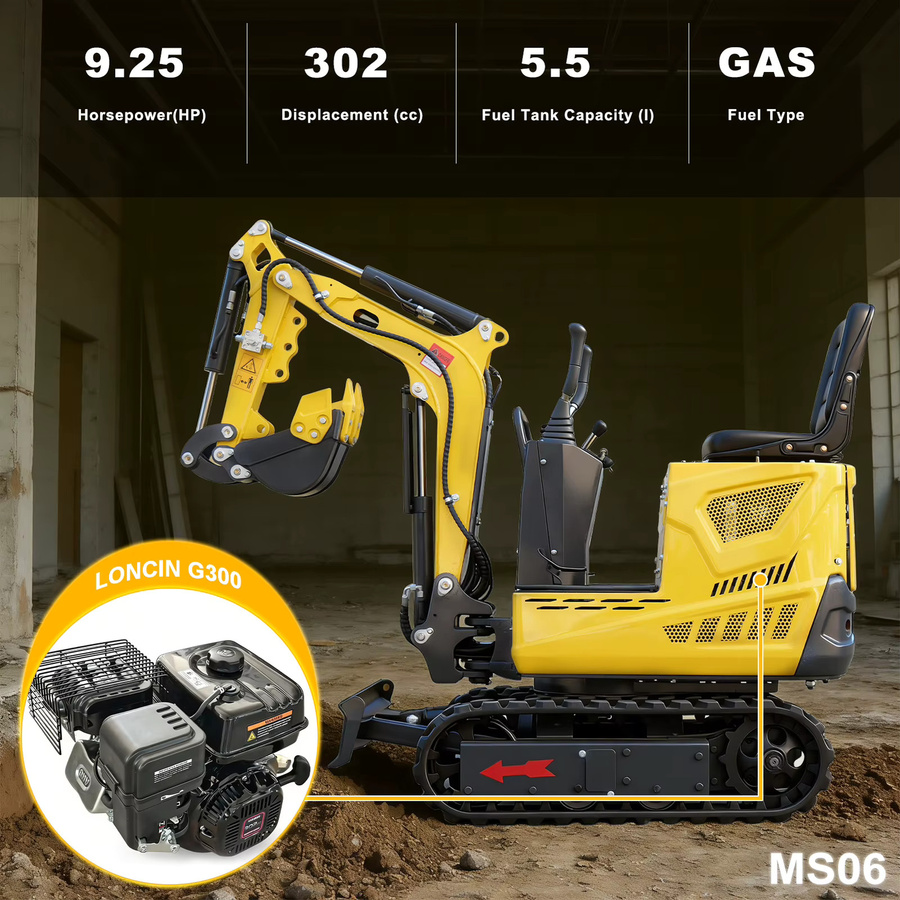 MMS 5-in-1 Mini-Bagger mit Benzinmotor, 0,6 Tonnen, 9,25 PS, Schwenkausleger und Grabenfräse inklusive Anbaugeräten, Farbe: Gelb - Bild 3