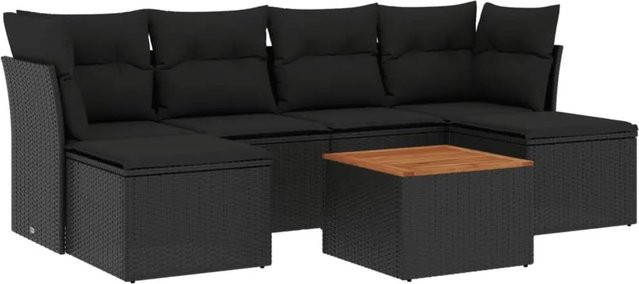 vidaXL 7-tlg Garten-Sofagarnitur in L-Form aus Polyrattan und Akazienholz mit Kissen, Schwarz - Bild 1