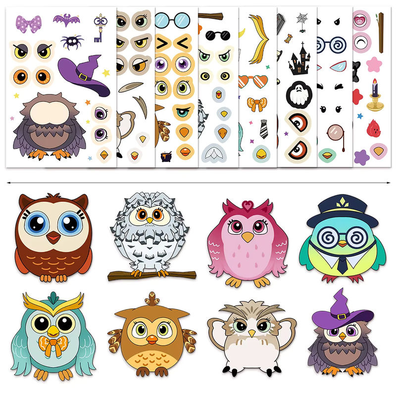 8er Set Eule Collage Aufkleber aus Papier, wasserfeste DIY Sticker für Kinder in Mehrfarbig - Bild 2