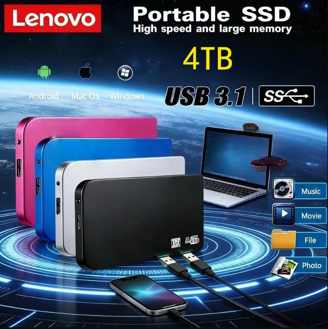 Lenovo USB 3.0 externes Festplattengehäuse für SSD und HDD, 4TB Kapazität, Farbe: Schwarz, Anschluss: USB-A - Bild 1