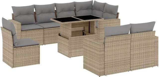 vidaXL 9-teilige Garten-Sofagarnitur aus Poly-Rattan mit Kissen in Beige-grau - Bild 1