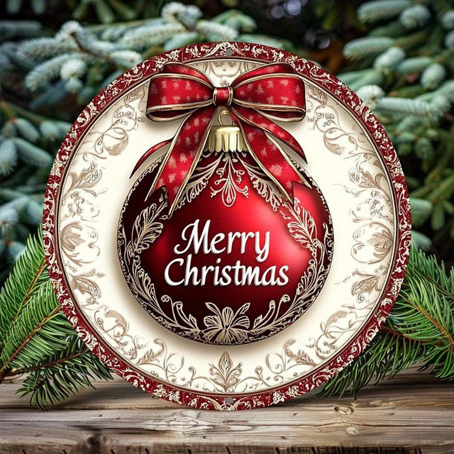 Rundes Aluminiumschild Potdemiel Merry Christmas in Rot mit Vintage-Design und floralen Elementen, Durchmesser: 20 cm - Bild 1