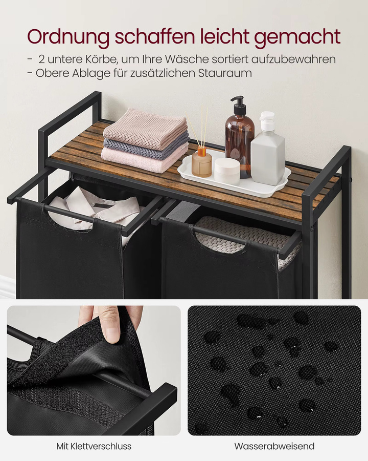 VASAGLE Wäschekorb mit 2 Fächern und Ablage, ausziehbarer Wäschesammler aus Oxford-Gewebe mit Metallrahmen, Schwarz/Mehrfarbig - Bild 3