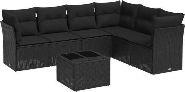 vidaXL 7-tlg. Garten-Sofagarnitur in L-Form aus Polyrattan mit Kissen und Stauraum, Schwarz - Bild 1