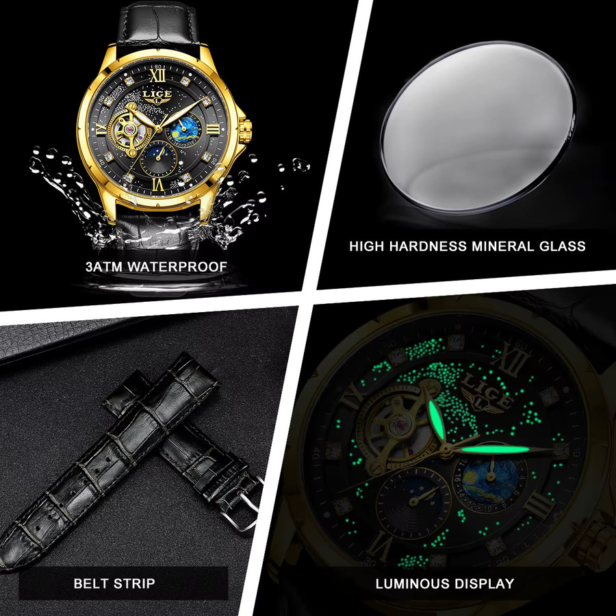 LIGE Chronograph, Automatik, Gold, Leder, Herren - Bild 6