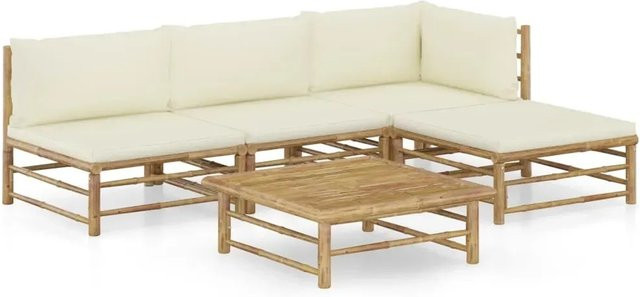 vidaXL 5-tlg Garten-Lounge-Set aus Bambus mit cremeweißen Polsterkissen in L-Form - Bild 1