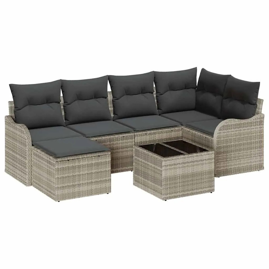 vidaXL Garten-Sofa-Set 7-teilig aus Poly Rattan in Hellgrau mit Kissen und Couchtisch - Bild 2