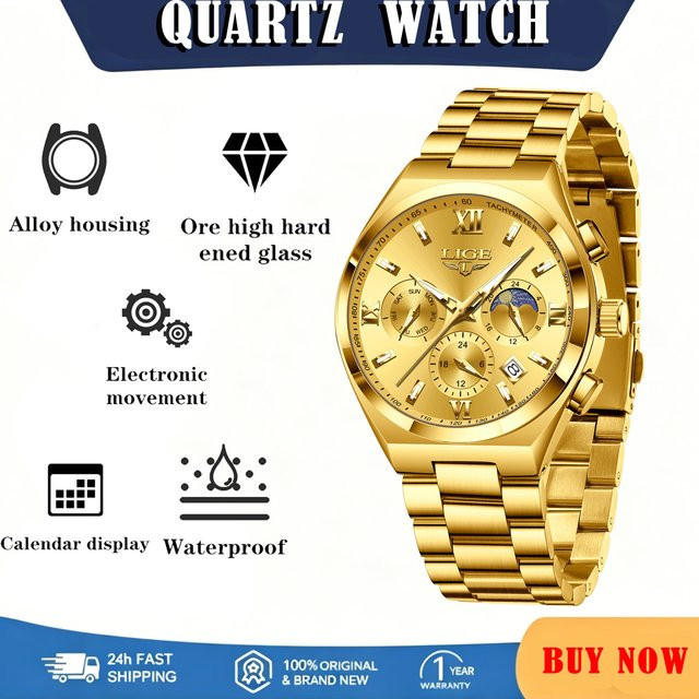 LIGE Armbanduhr, Quarz, Edelstahl, Gold, Herren, Mondphase, 3 ATM - Bild 1