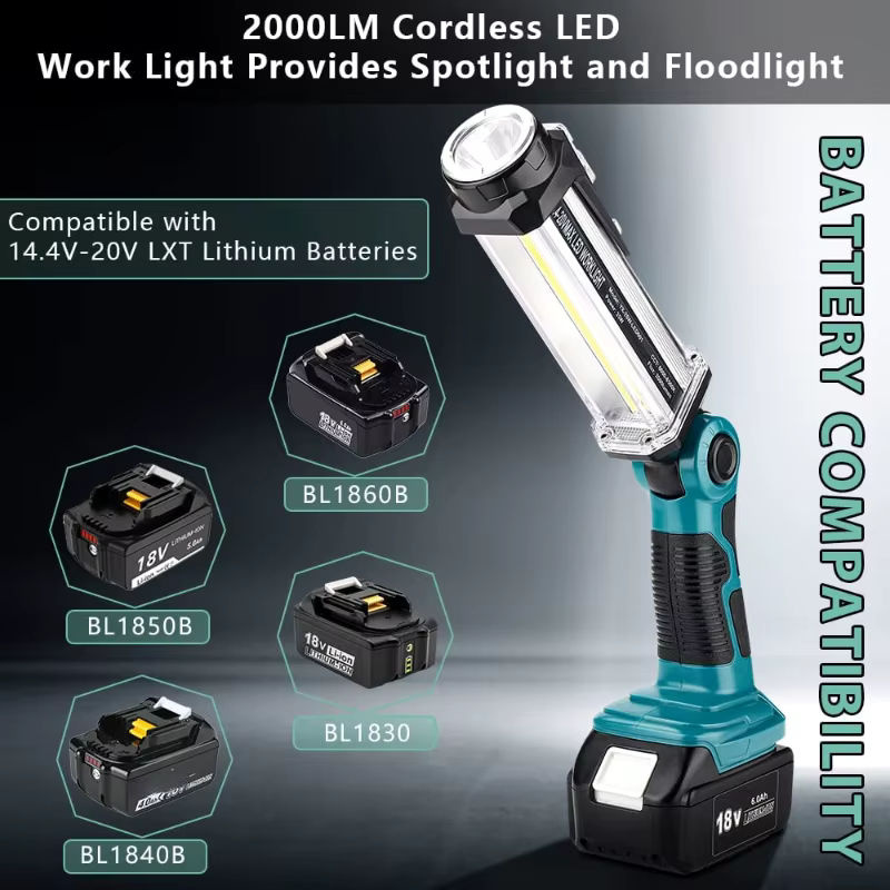 ZWINCKY LED-Arbeitsleuchte für Makita 18 V Li-Ionen-Akku, tragbare Camping-Laterne mit Haken in Schwarz für Outdoor, Autoreparatur und Notfall - Bild 3