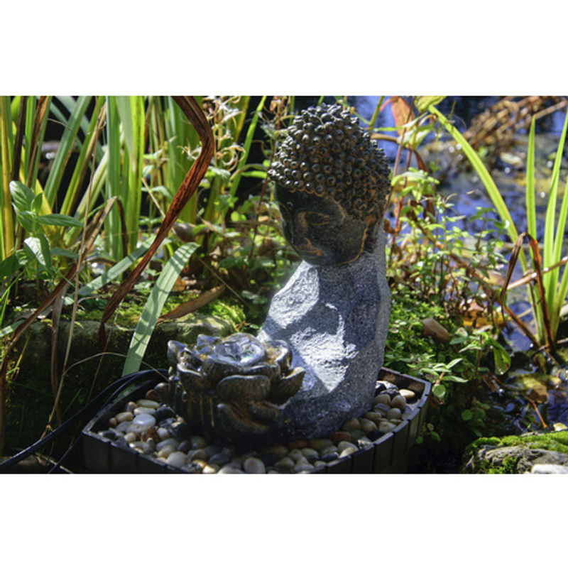 Dobar Buddha Zimmerbrunnen aus Polyresin mit LED-Beleuchtung und Pumpe, grau oder schwarz, B/H/T: 20 x 26 x 17 cm - Bild 4