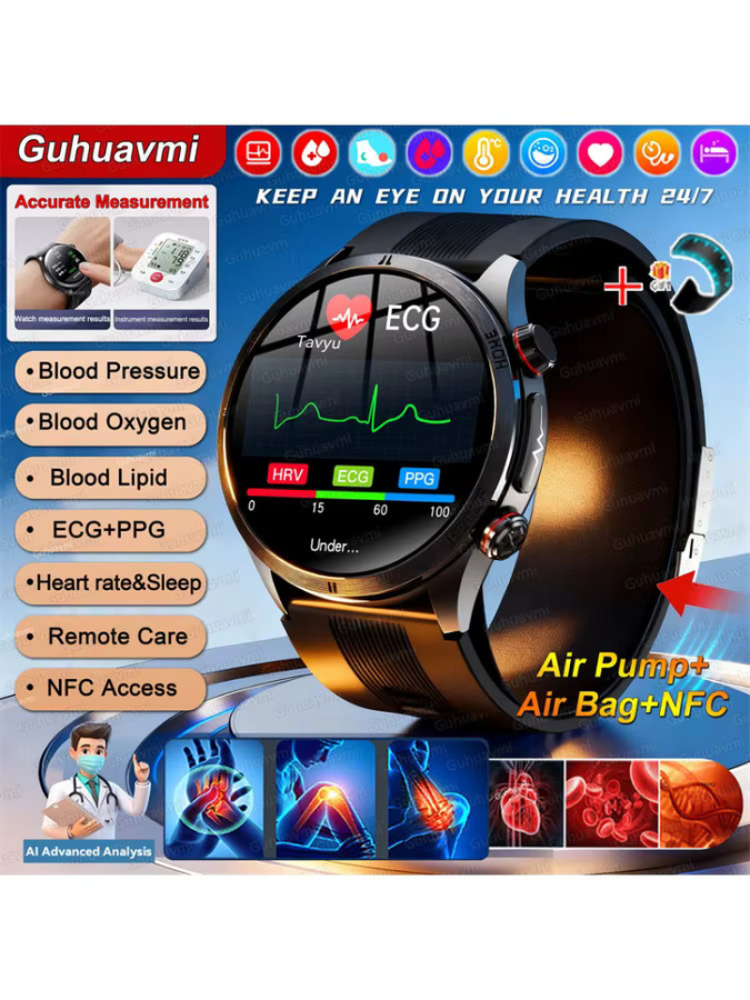GUHUAVMI Smartwatch mit NFC, EKG und Anruffunktion zur Gesundheitsüberwachung in Schwarz oder Blau - Bild 6