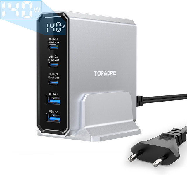 TOPADRE 140W USB-C 5-Port Ladestation mit Display und 100W USB-Hub für Laptop, MacBook, iPhone und Samsung - Bild 1