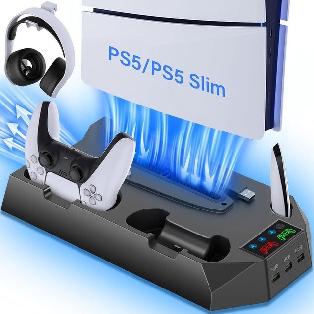 Gaming Bay Multifunktions-Kühlständer mit Doppelladegerät für PS5 Slim und PS5 Pro in Schwarz mit USB-C Anschluss - Bild 1
