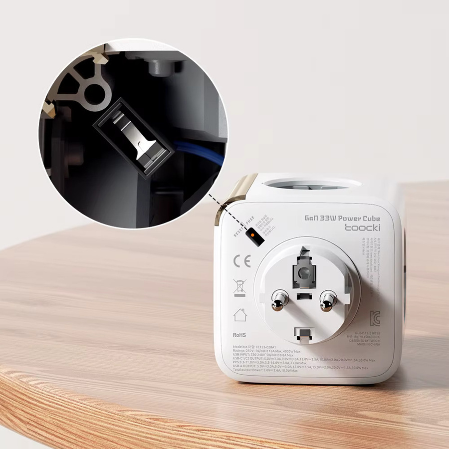 Toocki GaN Steckdosenleiste in Weiß mit 4 AC-Steckdosen, 2 USB-Anschlüssen und 1 USB-C-Anschluss, 33 W PPS, QC3.0, PD20 W und Überlastschutz - Bild 4