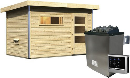 Karibu Saunahaus Schwanenburg 1 in Beige mit 9 kW Ofen und externer Steuerung, B/T/H: 337 x 196 x 228 cm - Bild 1