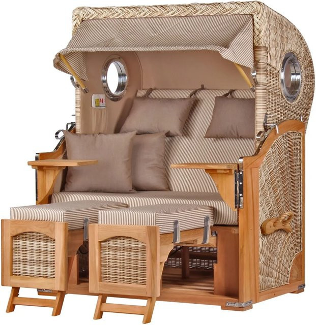 Bene Living Strandkorb Komplettset Ammersee Teak Bullauge PE Shell Modell 510 in Beige mit maritimem Streifenmuster - Bild 1