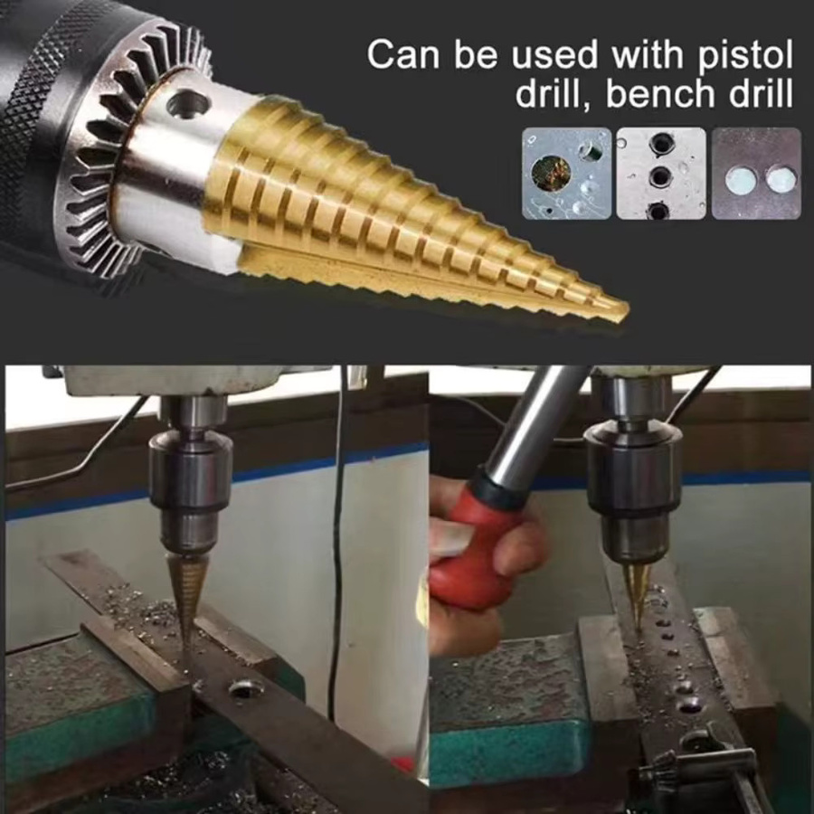 Dreiteiliges Set Titanbeschichteter Stufenbohrer aus HSS-Schnellarbeitsstahl für Metall und Holz in Gold - Bild 4
