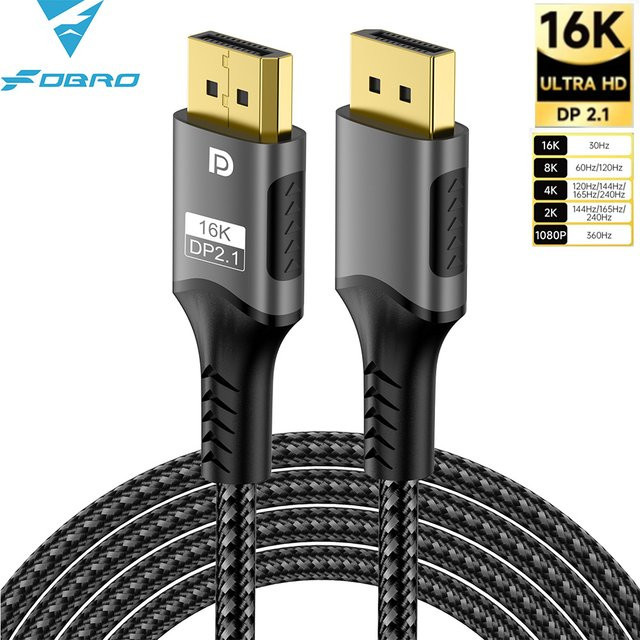 FDBRO DisplayPort 2.1 Kabel Schwarz für Gaming Monitor, Laptop und Xbox mit 80Gbps, 16K, 8K@120Hz und 4K@240Hz Unterstützung - Bild 1