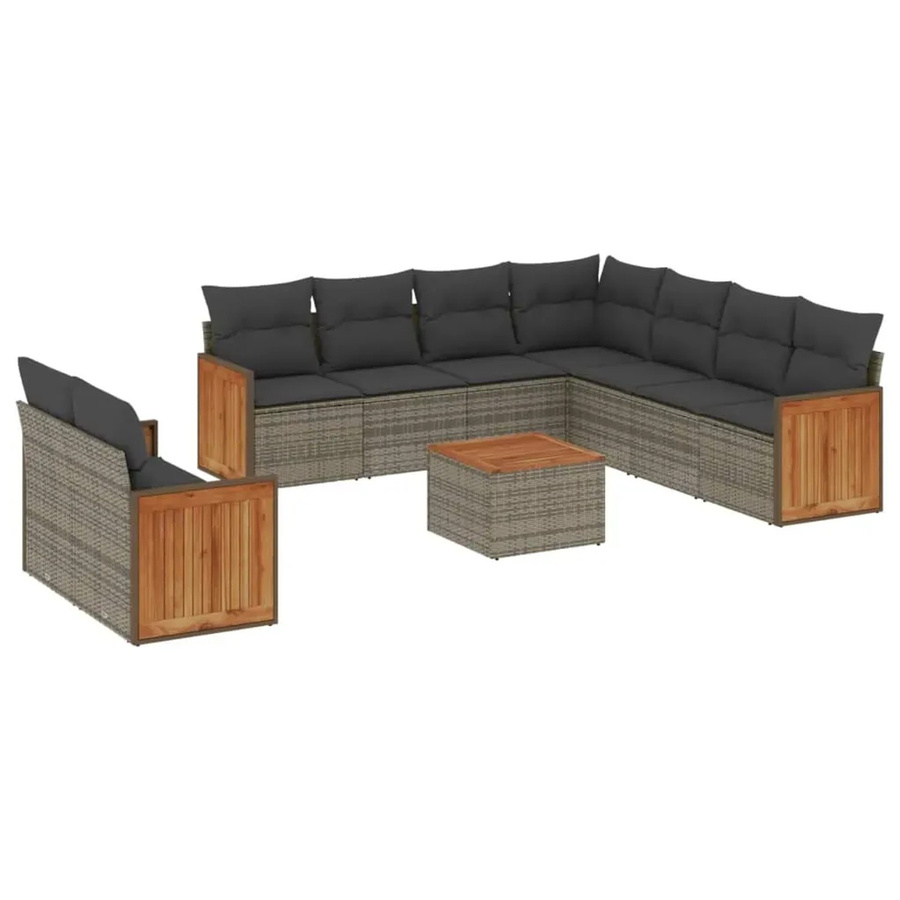 vidaXL 10-tlg Garten-Sofagarnitur in L-Form aus Polyrattan und Akazienholz mit Kissen in Grau - Bild 2