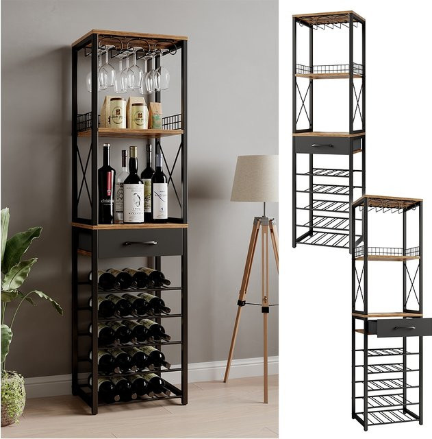 Vicco Weinregal Porto in Eiche rustikal und Schwarz mit Schublade, Breite: 40 cm, Höhe: 147,5 cm - Bild 1