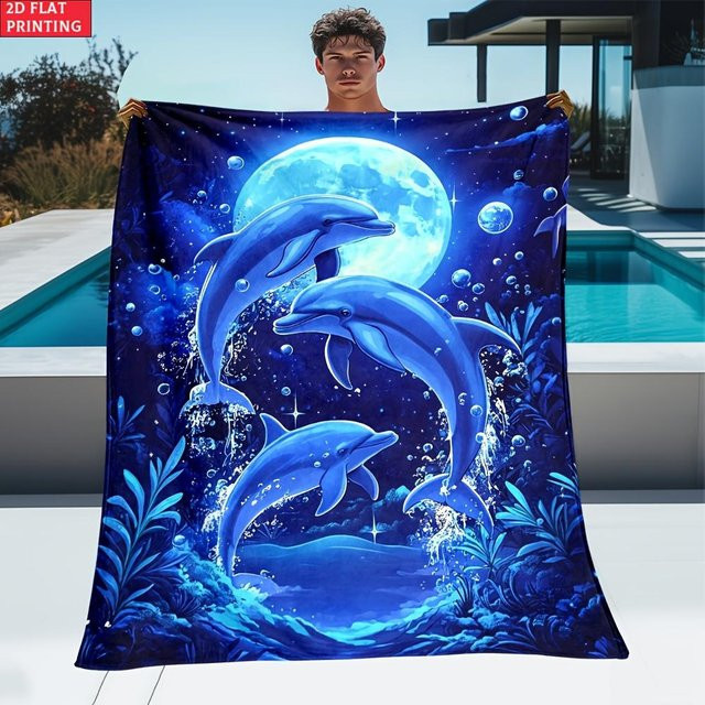 JMG Household Supplies Fleece Überwurf Delfin Ozean Mond Szene in Blau, B/B: 130 x 150 cm - Bild 1
