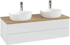 V&B Waschtischunterschrank Antao ohne Frontstruktur, Wandmontage, Eiche Honig und Weiß Lack, B/T/H: 120 x 36 x 50 cm - Bild 1