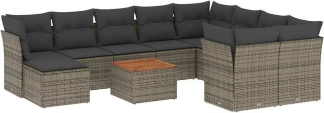 vidaXL 11-tlg Garten-Sofagarnitur in L-Form aus Poly Rattan und Akazienholz mit Kissen, Grau - Bild 1