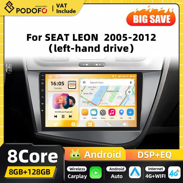 Podofo 2-DIN Android Autoradio für SEAT LEON 2005-2012 mit 8-Kern Prozessor, GPS-Navigation, Carplay, Android Auto, WIFI, Bluetooth und DSP in Schwarz - Bild 1