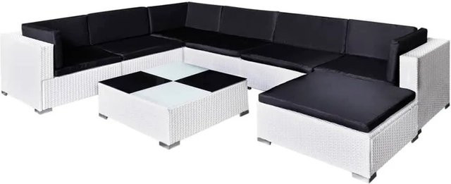 vidaXL 8-tlg Garten-Lounge-Set in U-Form aus Poly Rattan und Metall mit Auflagen und Couchtisch in Weiß und Schwarz - Bild 1