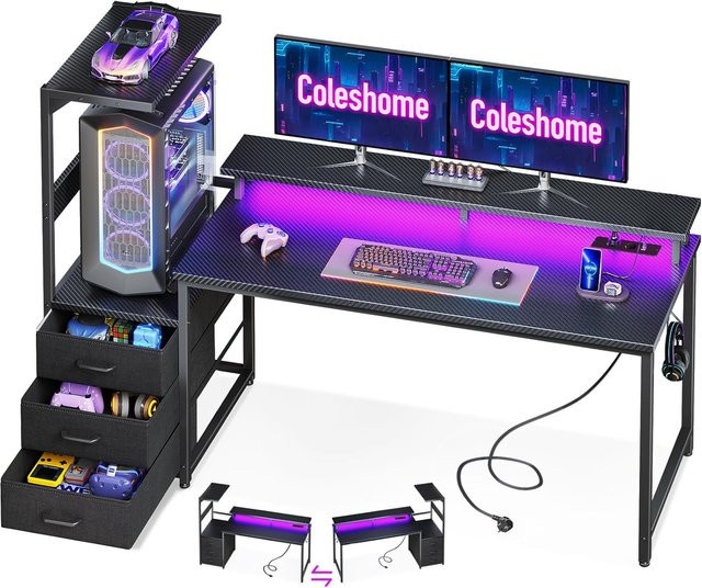 Coleshome Gaming Schreibtisch mit LED-Beleuchtung und Steckdose, Carbon Fiber Schwarz, Breite: 151 cm, Tiefe: 50 cm - Bild 1