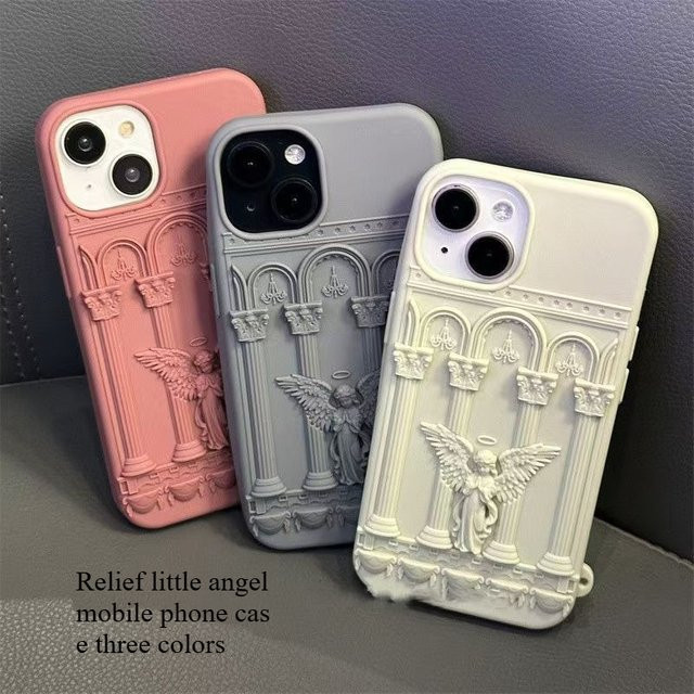 K'try Silikon Handyhülle mit Retro-Engel-3D-Kunstwerk für iPhone 16 15 14 13 17 Pro Max in Grau - Bild 1
