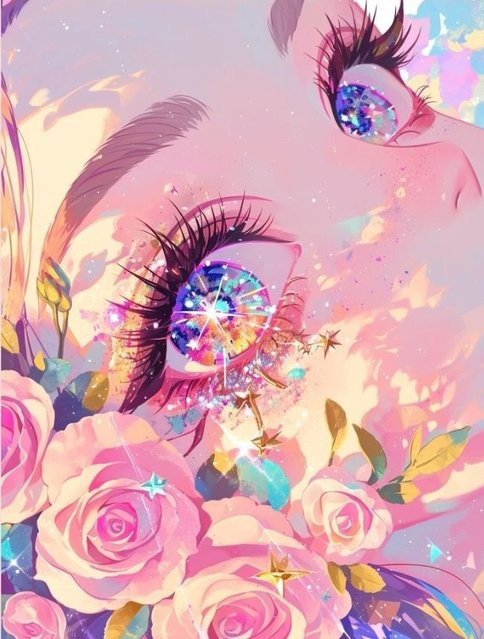 Potdemiel Diamond Painting Set Mädchenbild mit floralem Motiv in Multicolour als DIY Mosaik-Stickerei für die Wanddekoration mit runden Steinen - Bild 1