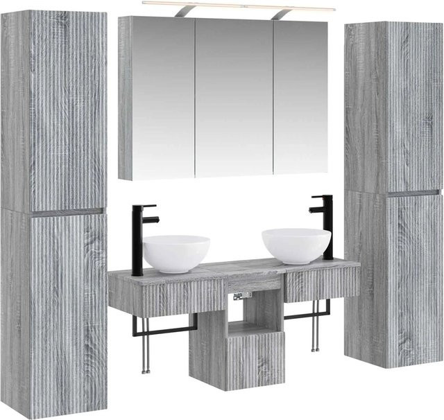 vidaXL Badezimmermöbel-Set 6-teilig in Grau Sonoma, modern mit LED-Beleuchtung, Spiegelschrank und Glasfronten - Bild 1