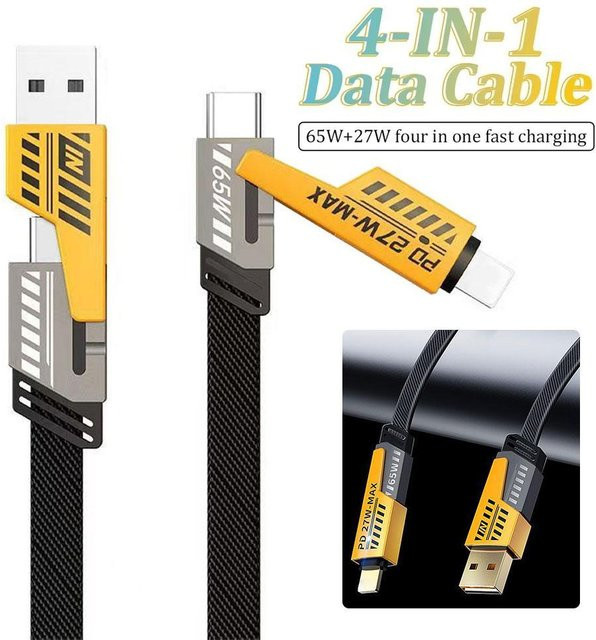 Multifunktionales 4 in 1 USB-C Schnellladekabel mit 65 W + 27 W Dual-Head für iPhone und Laptop, Schwarz - Bild 1
