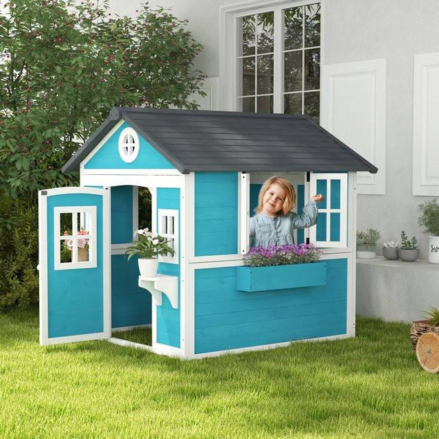 Outsunny Kinderspielhaus aus Tannenholz mit Fenster, Blumenregal, Pflanzenkasten und Tür, B/T/H: 126,4 x 114 x 135 cm, Blau - Bild 1