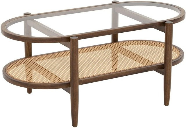 Costway Couchtisch aus Akazienholz mit Rattan und gehärteter Glasplatte in Braun, rechteckig - Bild 1