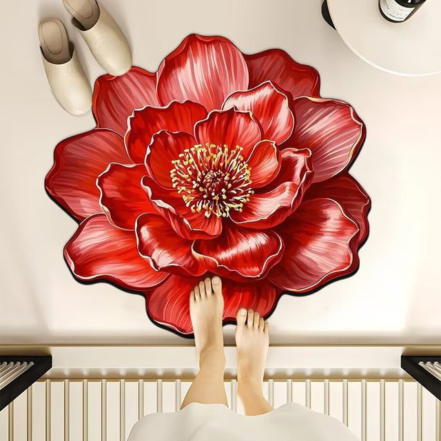 VIKAMA Roter Dahlien-Teppich aus Samt mit 3D-Blumenmuster für dein Wohnzimmer - Bild 1