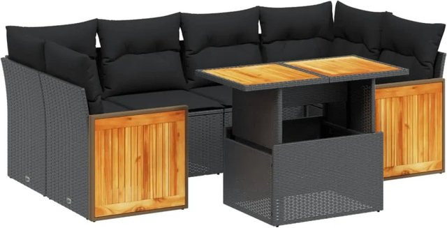 vidaXL 7-teilige Garten-Sofagarnitur in U-Form aus schwarzem Poly-Rattan mit Kissen und pulverbeschichtetem Stahlrahmen - Bild 1