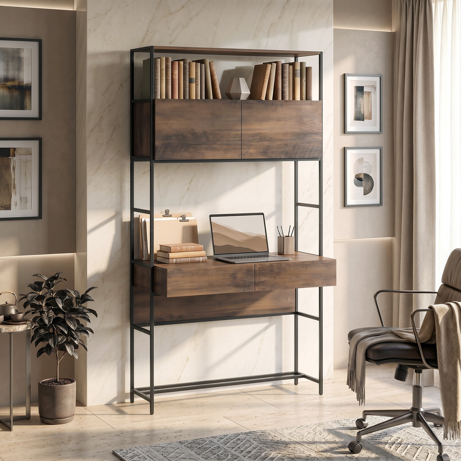 HOMCOM Computertisch in Braun mit Regalen, Schränken und 2 Schubladen, moderner Arbeitstisch aus Holzoptik, Höhe: 185 cm - Bild 2