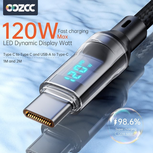 oozcc Ultra-Schnell-Ladekabel USB-A auf Typ-C mit LCD-Dynamikdisplay, 120W 6A PD-Ladekabel und Datensynchronisation aus Nylon, Schwarz, kompatibel mit Samsung - Bild 1