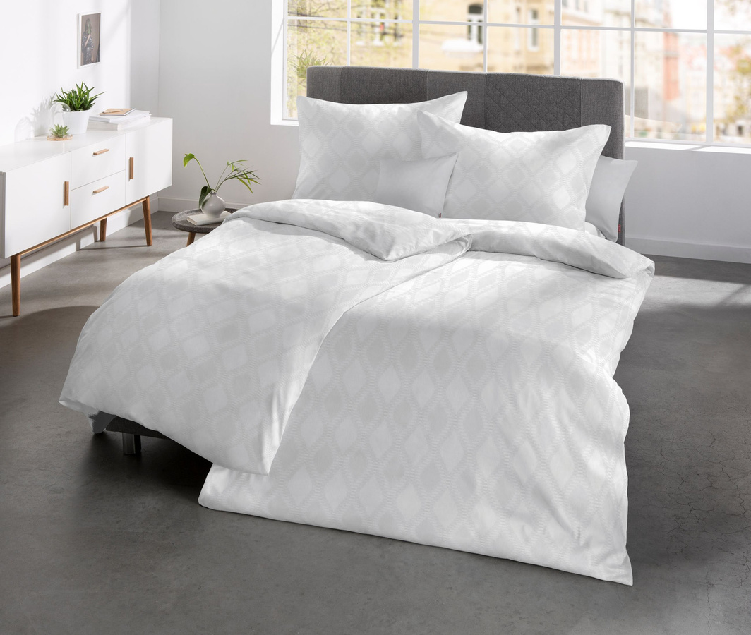 Fleuresse Jacquard Bettwäsche Set mit Bettbezug und Kissen in Weiß mit Rautenmuster B/H: 135 x 200 cm und 80 x 80 cm - Bild 1