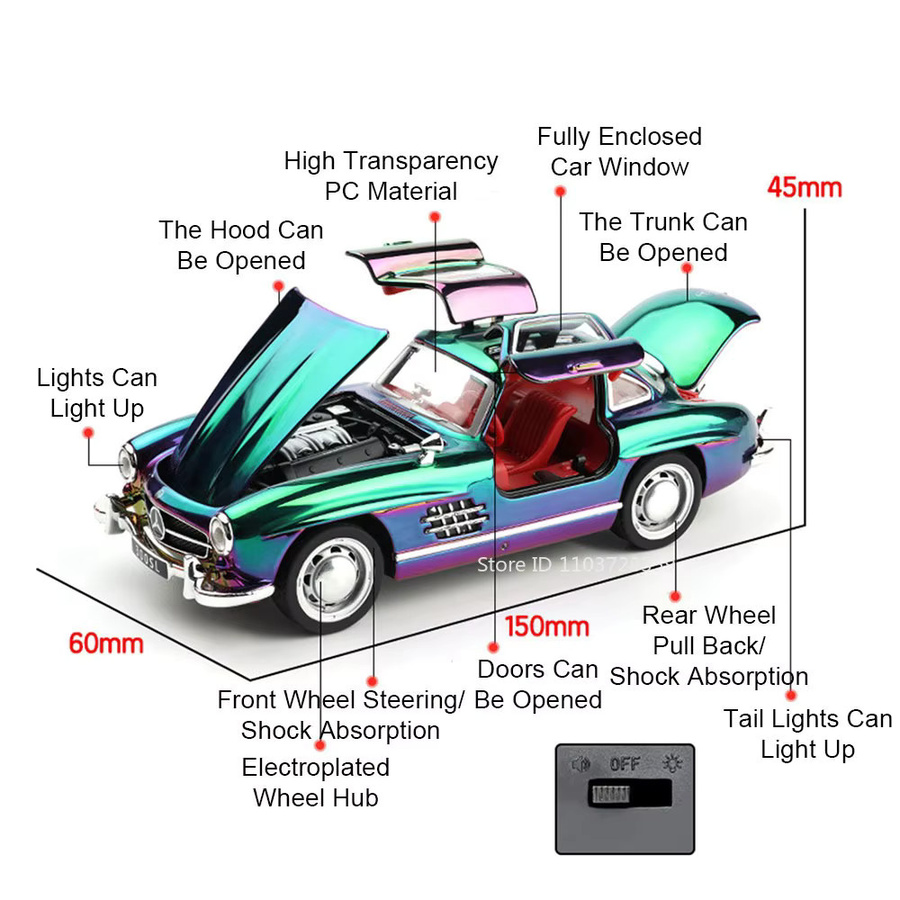 MAKEDA 300SL Oldtimer Modell, 1:32, Metall, mit Licht und Sound, Grün - Bild 3