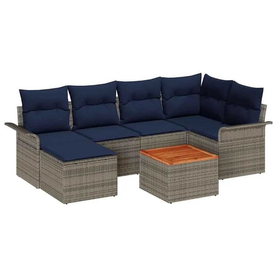 vidaXL Gartensofa-Set aus 7 Teilen in Grau und Marineblau aus Polyrattan mit Akazienholz und Polsterkissen - Bild 2