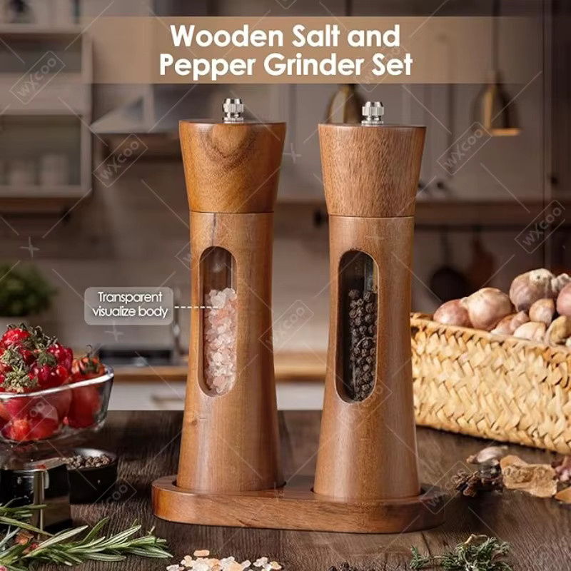 WXCOO Manuelle Salz- und Pfeffermühle aus massivem Holz in Braun mit verstellbarem Keramik-Mahlwerk, rund - Bild 4