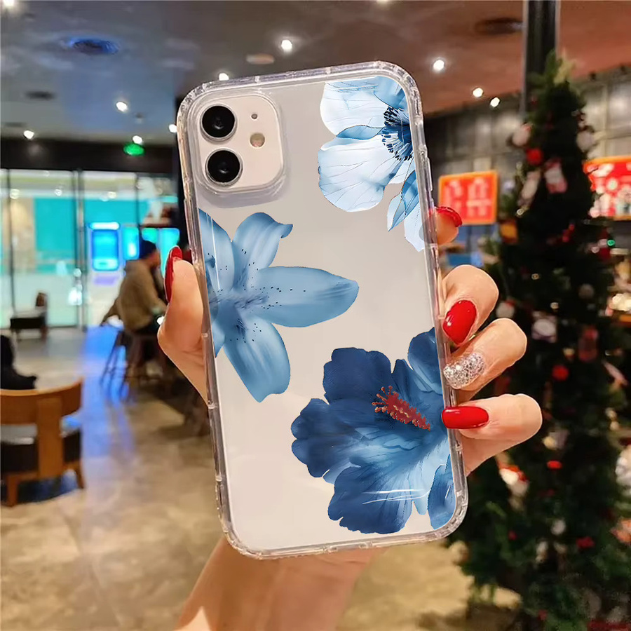 Transparente Silikon Handyhülle mit blauem Hibiskus-Blumenmuster für Apple iPhone 11 bis iPhone 17 Pro Max und weitere Modelle - Bild 2